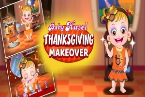 아기가 주황색 드레스를 입고 웃고 있으며, Baby Hazel Thanksgiving Makeover라는 글자가 중앙에 있습니다