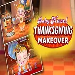 아기가 주황색 드레스를 입고 웃고 있으며, Baby Hazel Thanksgiving Makeover라는 글자가 중앙에 있습니다