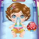 병원 침대에 누워있는 아기, 얼굴과 몸에 발진이 있으며 산소 마스크를 착용하고 있다