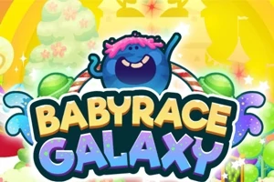 파란색 캐릭터가 있는 알록달록한 배경 위에 BABYRACE GALAXY라는 텍스트가 있는 이미지