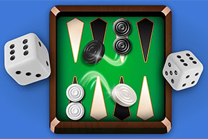 녹색 판 위에 흑백 체커 조각과 두 개의 주사위가 있는 게임 보드