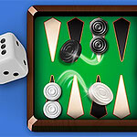 녹색 판 위에 흑백 체커 조각과 두 개의 주사위가 있는 게임 보드