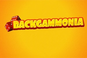 주황색 배경 위에 BACKGAMMONIA라는 글자가 두 개의 주사위와 함께 표시되어 있습니다