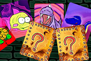 다양한 색상의 몬스터 카드와 물음표가 있는 카드 두 장이 벽돌 배경 위에 배열되어 있습니다