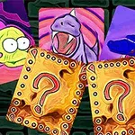 다양한 색상의 몬스터 카드와 물음표가 있는 카드 두 장이 벽돌 배경 위에 배열되어 있습니다