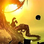 어두운 실루엣의 둥근 생물체가 해가 질 무렵의 자연 풍경 속에서 부유하고 있는 장면