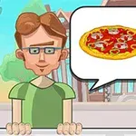 안경을 쓴 남자가 피자와 햄버거 이미지가 있는 말풍선을 들고 있습니다