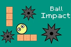 녹색 배경에 노란 공, 검은 톱니 바퀴 모양의 장애물, 나무 패턴의 벽돌, Ball Impact라는 흰색 글자가 있습니다