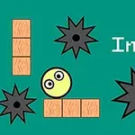 녹색 배경에 노란 공, 검은 톱니 바퀴 모양의 장애물, 나무 패턴의 벽돌, Ball Impact라는 흰색 글자가 있습니다