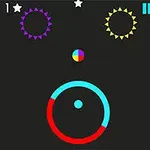 어두운 배경 위에 빨강, 파랑, 노랑, 보라색이 포함된 다양한 크기의 원과 별 모양이 배치되어 있음