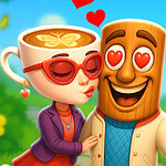 커피잔 얼굴을 가진 여성이 나무 기둥 얼굴을 가진 남성과 함께 서 있으며, 두 사람의 눈에는 하트 모양이 있고 배경은 푸른 하늘과 꽃들이 있는 들판입니다