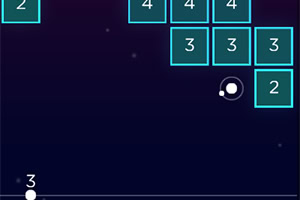 파란 배경 위에 다양한 숫자가 적힌 네모난 블록들이 배열되어 있고, 아래에는 공이 발사 준비중인 모습이 보인다