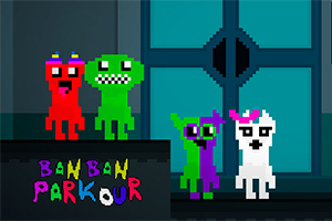 다양한 색상의 픽셀 캐릭터 네 명이 파란색 문 앞에 서 있는 모습