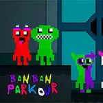 다양한 색상의 픽셀 캐릭터 네 명이 파란색 문 앞에 서 있는 모습