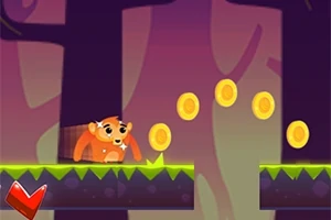 숲 배경에서 주황색 동물이 초록 잔디 플랫폼을 뛰어다니며 동전들을 모으고 있는 장면