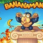 원숭이가 바나나가 날아다니는 가운데 기둥 위에서 포즈를 취하고 있는 그림