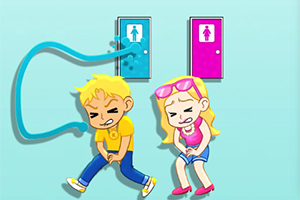 남자 아이와 여자 아이가 화장실 문 앞에서 초조한 표정을 짓고 있는 모습