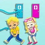 남자 아이와 여자 아이가 화장실 문 앞에서 초조한 표정을 짓고 있는 모습