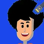 아프로 헤어스타일의 인물이 전기 이발기로 머리를 깎고 있는 모습