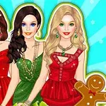 세 명의 여성들이 크리스마스 장식을 배경으로 빨간 드레스를 입고 서 있다