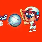 야구 방망이를 든 만화 스타일의 캐릭터와 빠르게 날아오는 야구공이 있는 이미지