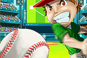 초록색 유니폼을 입은 만화 스타일의 야구 선수가 큰 공을 향해 힘차게 스윙하는 모습