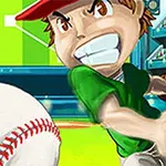 초록색 유니폼을 입은 만화 스타일의 야구 선수가 큰 공을 향해 힘차게 스윙하는 모습