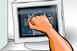 주먹으로 컴퓨터 모니터를 강타하는 장면