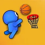 파란색 캐릭터가 농구공을 던지며 농구 골대를 목표로 하는 장면