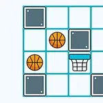 회색 블록과 농구공, 농구 골대가 격자판에 배치된 이미지