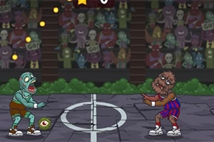 좀비와 털복숭이 괴물이 코트에서 공 모양의 눈알을 가지고 있는 모습