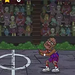 좀비와 털복숭이 괴물이 코트에서 공 모양의 눈알을 가지고 있는 모습