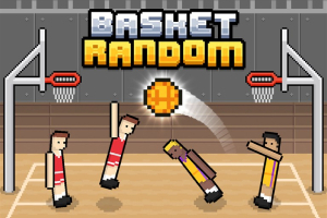 픽셀 스타일의 농구 경기장에서 두 팀의 캐릭터들이 농구공을 향해 점프하는 모습