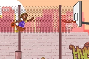 농구 유니폼을 입은 캐릭터가 농구 골대에 점프하고 있는 픽셀 아트 이미지