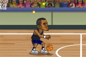 농구 코트에서 농구공을 들고 있는 만화 스타일의 농구 선수와 관중들