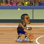 농구 코트에서 농구공을 들고 있는 만화 스타일의 농구 선수와 관중들