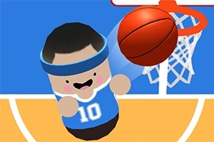 농구 코트를 배경으로 농구공을 던지며 점프하는 만화 스타일의 캐릭터