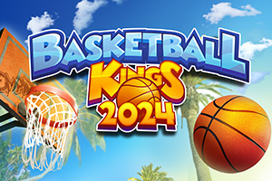 농구 골대와 농구공이 열대 배경 앞에 있으며 Basketball Kings 2024 텍스트가 강조된 이미지