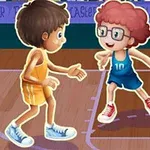 농구 코트에서 두 어린애가 농구를 하는 장면으로, 한 아이는 주황색 유니폼을 입고 있고 다른 아이는 파란색 유니폼과 안경을 착용하고 있습니다