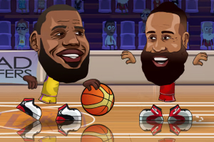 농구 코트에서 만화 스타일의 두 사람이 농구를 하고 있는 모습