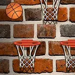 벽돌 벽을 배경으로 세 개의 농구 골대와 하나의 농구공이 있는 이미지