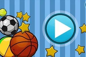 축구공, 농구공, 별, 그리고 재생 버튼이 파란 줄무늬 배경에 있는 이미지