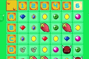 녹색 배경의 격자에 다양한 보석, 딸기, 뿔 달린 빨간 생물 아이콘이 배열된 이미지