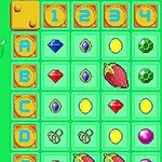 녹색 배경의 격자에 다양한 보석, 딸기, 뿔 달린 빨간 생물 아이콘이 배열된 이미지