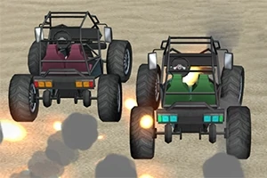 두 대의 버기가 모래 위에서 나란히 달리는 모습