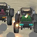 두 대의 버기가 모래 위에서 나란히 달리는 모습