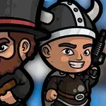 검은 탑모자를 쓴 수염 난 남자와 바이킹 헬멧을 쓴 남자 캐릭터가 각각 총을 들고 있는 만화 스타일의 이미지