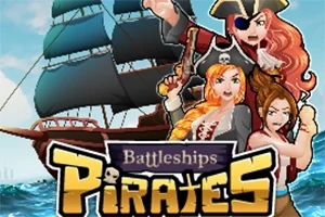 해적 복장을 한 세 명의 인물과 항해 중인 배가 있는 이미지