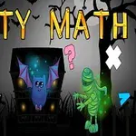 박쥐와 미라가 있는 어두운 배경에 다양한 수학 기호들이 있는 이미지