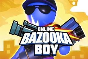 파란색 캐릭터가 선글라스를 착용하고 바주카를 들고 있는 그림과 함께 Online Bazooka Boy라는 글자가 있는 이미지